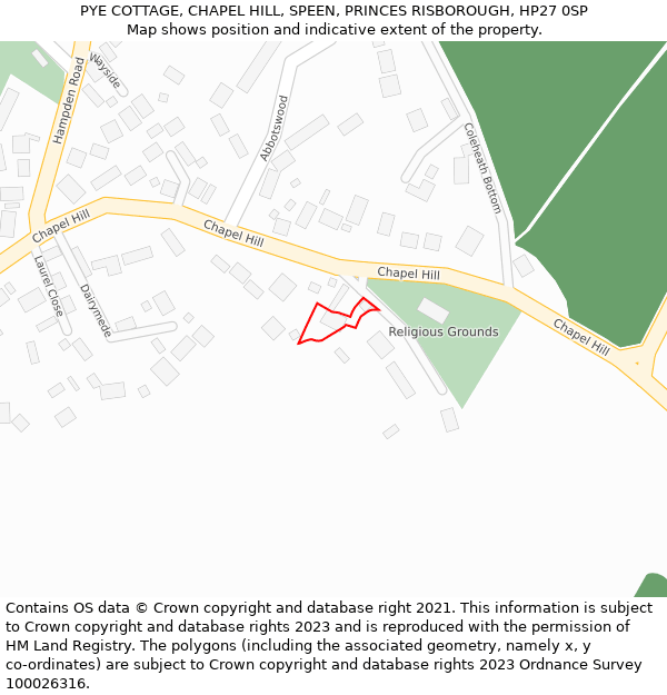 PYE COTTAGE, CHAPEL HILL, SPEEN, PRINCES RISBOROUGH, HP27 0SP: Location map and indicative extent of plot