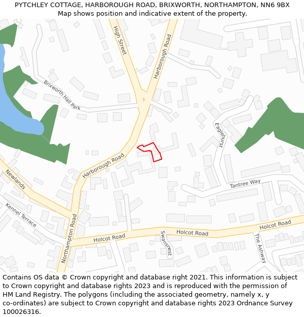 PYTCHLEY COTTAGE, HARBOROUGH ROAD, BRIXWORTH, NORTHAMPTON, NN6 9BX: Location map and indicative extent of plot