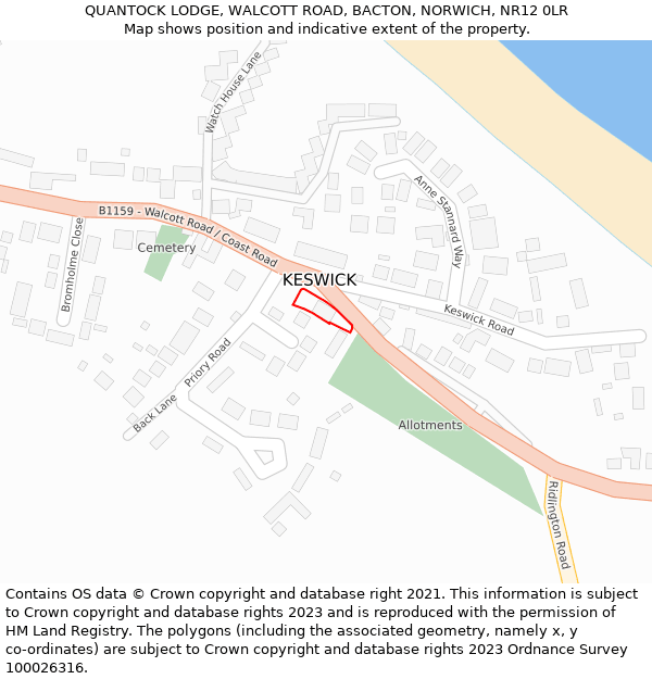 QUANTOCK LODGE, WALCOTT ROAD, BACTON, NORWICH, NR12 0LR: Location map and indicative extent of plot