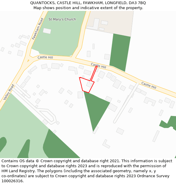 QUANTOCKS, CASTLE HILL, FAWKHAM, LONGFIELD, DA3 7BQ: Location map and indicative extent of plot