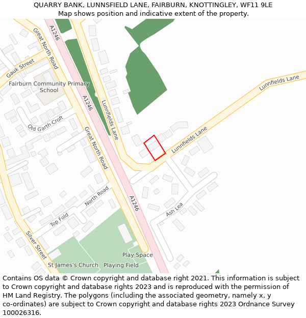 QUARRY BANK, LUNNSFIELD LANE, FAIRBURN, KNOTTINGLEY, WF11 9LE: Location map and indicative extent of plot