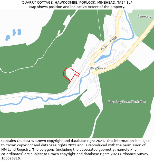 QUARRY COTTAGE, HAWKCOMBE, PORLOCK, MINEHEAD, TA24 8LP: Location map and indicative extent of plot