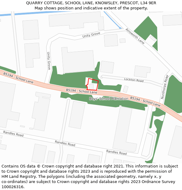 QUARRY COTTAGE, SCHOOL LANE, KNOWSLEY, PRESCOT, L34 9ER: Location map and indicative extent of plot