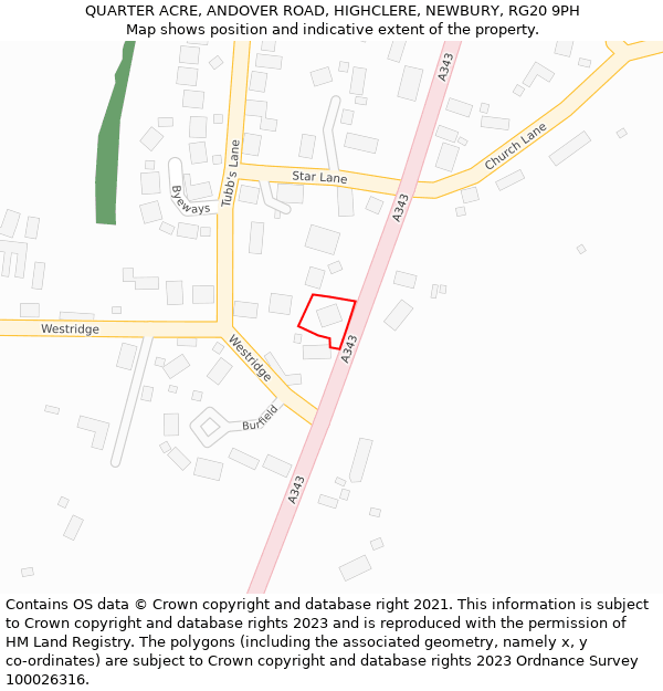 QUARTER ACRE, ANDOVER ROAD, HIGHCLERE, NEWBURY, RG20 9PH: Location map and indicative extent of plot