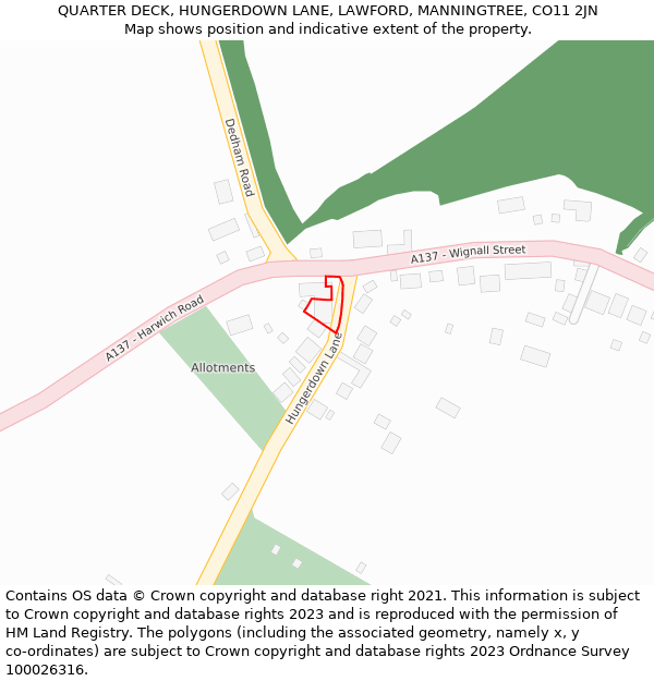 QUARTER DECK, HUNGERDOWN LANE, LAWFORD, MANNINGTREE, CO11 2JN: Location map and indicative extent of plot