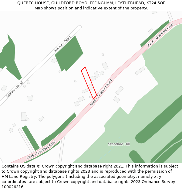 QUEBEC HOUSE, GUILDFORD ROAD, EFFINGHAM, LEATHERHEAD, KT24 5QF: Location map and indicative extent of plot