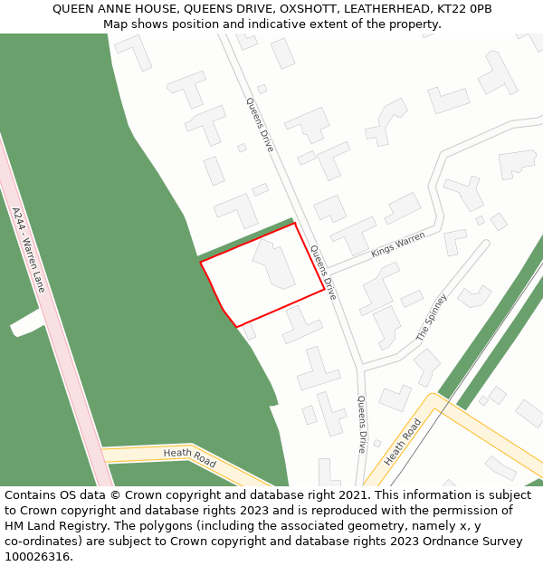 QUEEN ANNE HOUSE, QUEENS DRIVE, OXSHOTT, LEATHERHEAD, KT22 0PB: Location map and indicative extent of plot