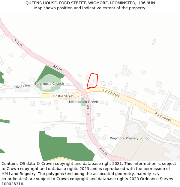 QUEENS HOUSE, FORD STREET, WIGMORE, LEOMINSTER, HR6 9UN: Location map and indicative extent of plot