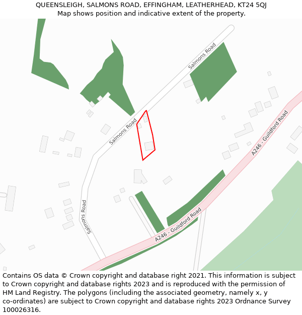 QUEENSLEIGH, SALMONS ROAD, EFFINGHAM, LEATHERHEAD, KT24 5QJ: Location map and indicative extent of plot