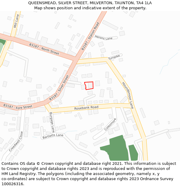 QUEENSMEAD, SILVER STREET, MILVERTON, TAUNTON, TA4 1LA: Location map and indicative extent of plot