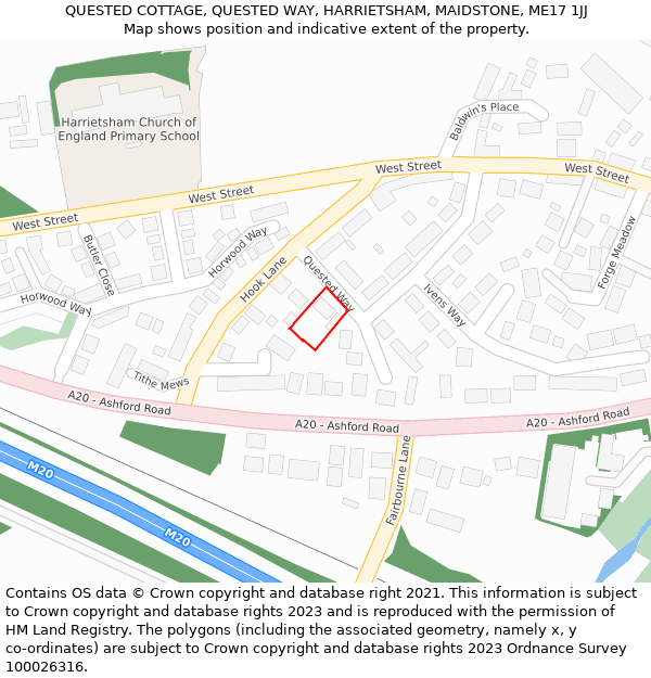 QUESTED COTTAGE, QUESTED WAY, HARRIETSHAM, MAIDSTONE, ME17 1JJ: Location map and indicative extent of plot