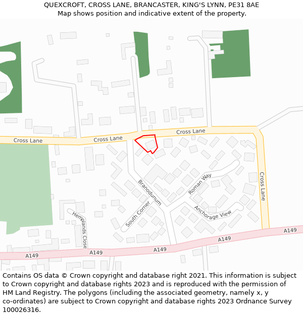 QUEXCROFT, CROSS LANE, BRANCASTER, KING'S LYNN, PE31 8AE: Location map and indicative extent of plot