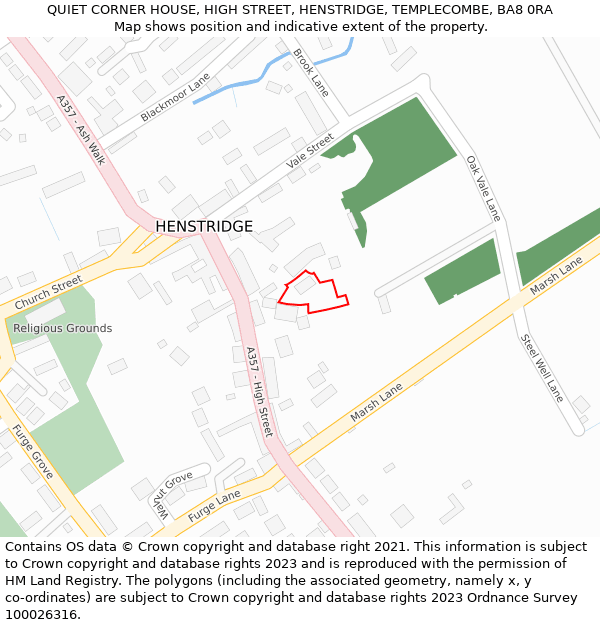 QUIET CORNER HOUSE, HIGH STREET, HENSTRIDGE, TEMPLECOMBE, BA8 0RA: Location map and indicative extent of plot