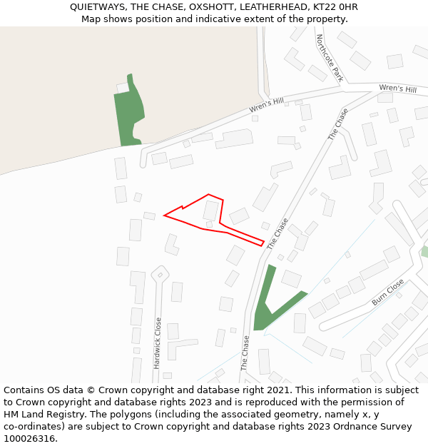 QUIETWAYS, THE CHASE, OXSHOTT, LEATHERHEAD, KT22 0HR: Location map and indicative extent of plot