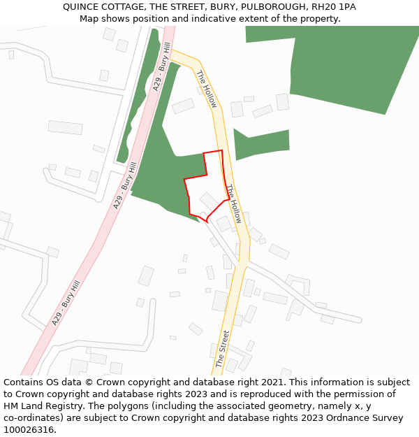 QUINCE COTTAGE, THE STREET, BURY, PULBOROUGH, RH20 1PA: Location map and indicative extent of plot