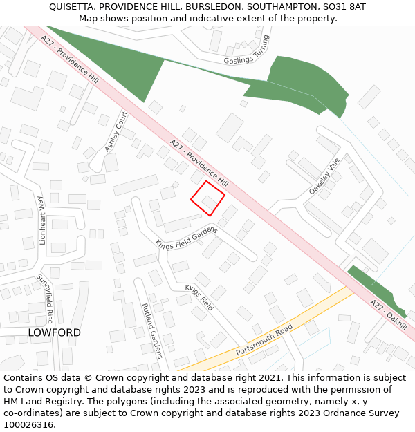 QUISETTA, PROVIDENCE HILL, BURSLEDON, SOUTHAMPTON, SO31 8AT: Location map and indicative extent of plot