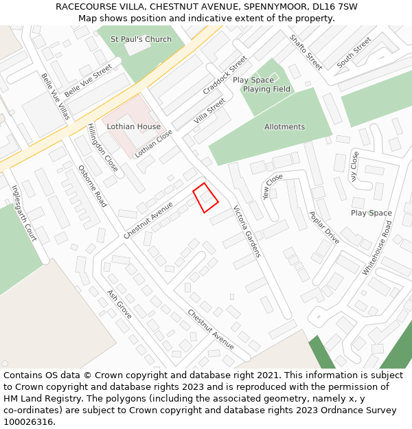 RACECOURSE VILLA, CHESTNUT AVENUE, SPENNYMOOR, DL16 7SW: Location map and indicative extent of plot