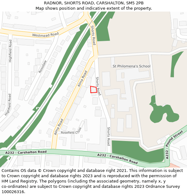 RADNOR, SHORTS ROAD, CARSHALTON, SM5 2PB: Location map and indicative extent of plot