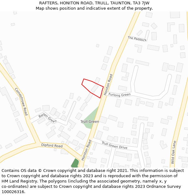 RAFTERS, HONITON ROAD, TRULL, TAUNTON, TA3 7JW: Location map and indicative extent of plot