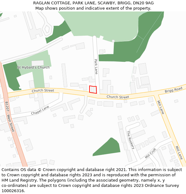 RAGLAN COTTAGE, PARK LANE, SCAWBY, BRIGG, DN20 9AG: Location map and indicative extent of plot