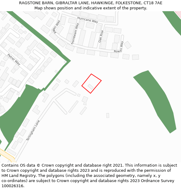 RAGSTONE BARN, GIBRALTAR LANE, HAWKINGE, FOLKESTONE, CT18 7AE: Location map and indicative extent of plot