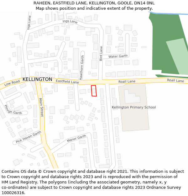 RAHEEN, EASTFIELD LANE, KELLINGTON, GOOLE, DN14 0NL: Location map and indicative extent of plot