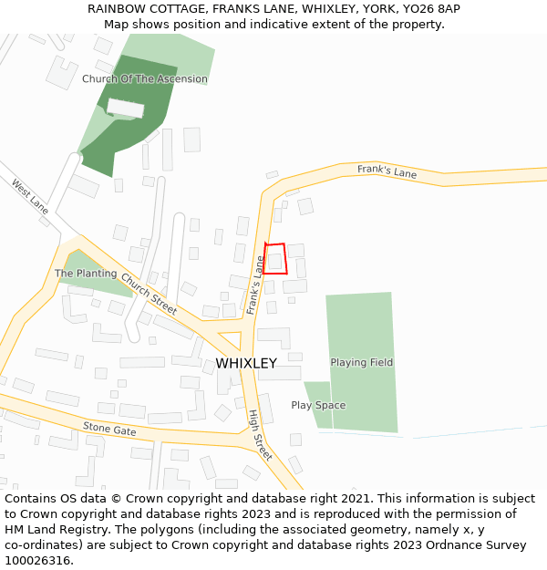 RAINBOW COTTAGE, FRANKS LANE, WHIXLEY, YORK, YO26 8AP: Location map and indicative extent of plot