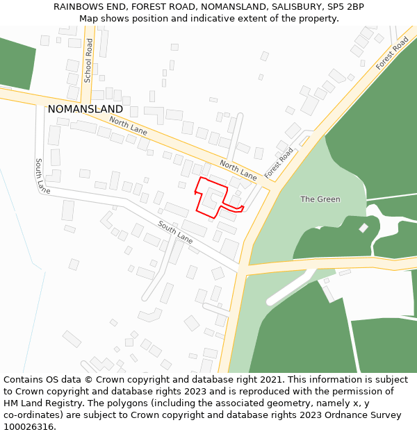 RAINBOWS END, FOREST ROAD, NOMANSLAND, SALISBURY, SP5 2BP: Location map and indicative extent of plot