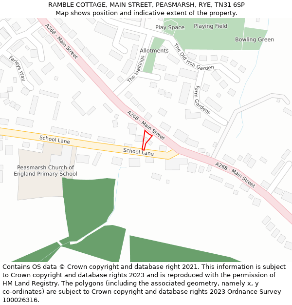 RAMBLE COTTAGE, MAIN STREET, PEASMARSH, RYE, TN31 6SP: Location map and indicative extent of plot