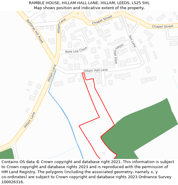 RAMBLE HOUSE, HILLAM HALL LANE, HILLAM, LEEDS, LS25 5HL: Location map and indicative extent of plot