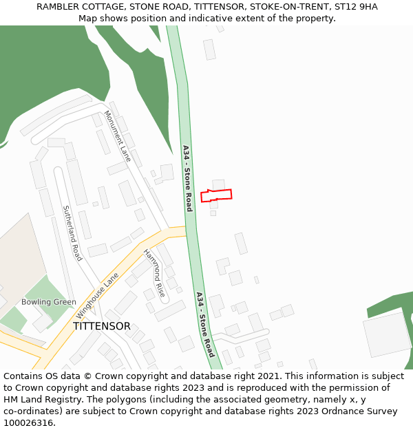 RAMBLER COTTAGE, STONE ROAD, TITTENSOR, STOKE-ON-TRENT, ST12 9HA: Location map and indicative extent of plot