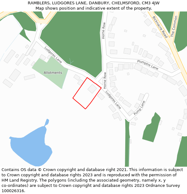 RAMBLERS, LUDGORES LANE, DANBURY, CHELMSFORD, CM3 4JW: Location map and indicative extent of plot