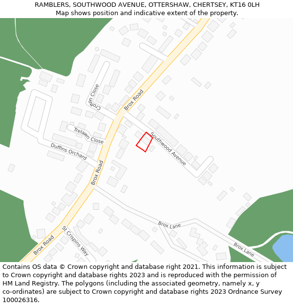 RAMBLERS, SOUTHWOOD AVENUE, OTTERSHAW, CHERTSEY, KT16 0LH: Location map and indicative extent of plot