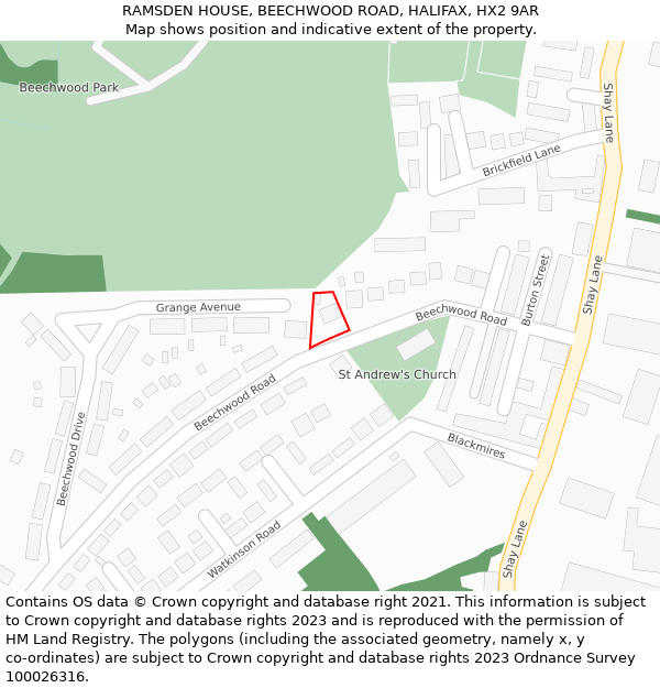 RAMSDEN HOUSE, BEECHWOOD ROAD, HALIFAX, HX2 9AR: Location map and indicative extent of plot