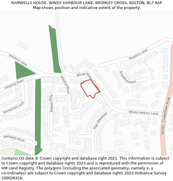 RAMWELLS HOUSE, WINDY HARBOUR LANE, BROMLEY CROSS, BOLTON, BL7 9AP: Location map and indicative extent of plot