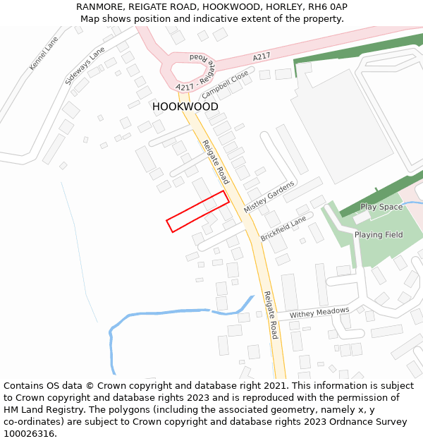 RANMORE, REIGATE ROAD, HOOKWOOD, HORLEY, RH6 0AP: Location map and indicative extent of plot