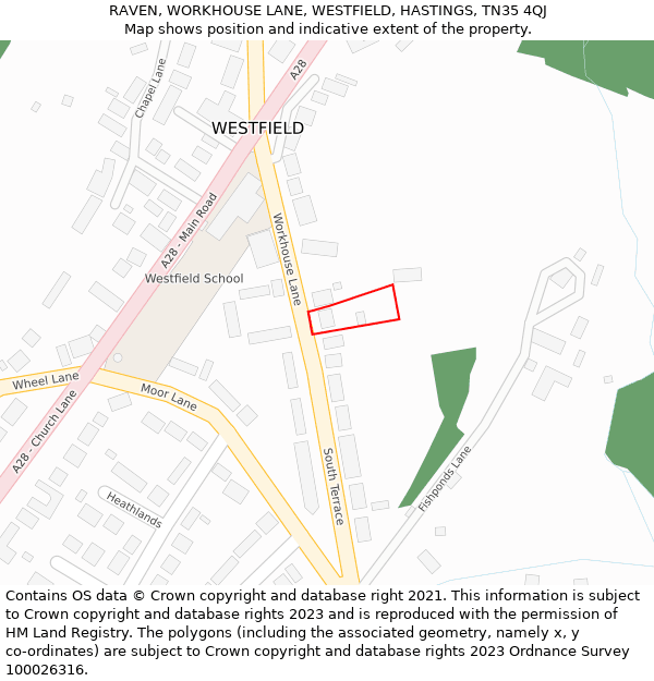 RAVEN, WORKHOUSE LANE, WESTFIELD, HASTINGS, TN35 4QJ: Location map and indicative extent of plot