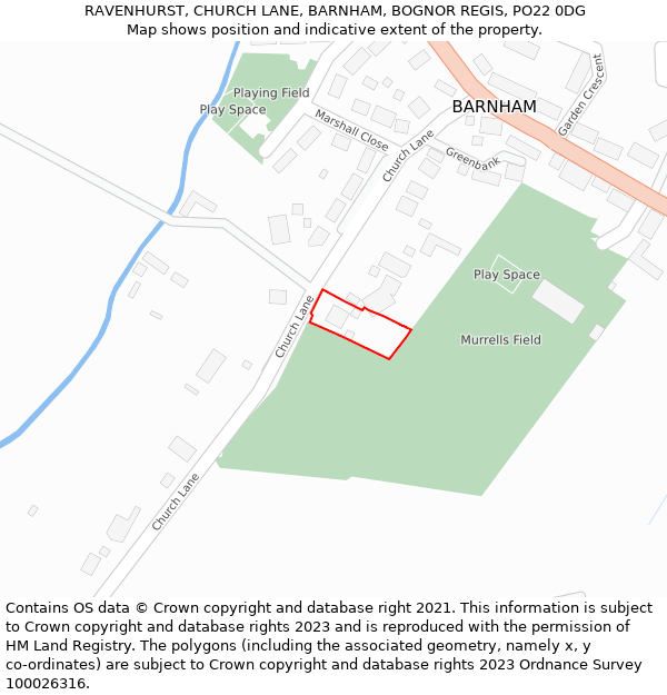 RAVENHURST, CHURCH LANE, BARNHAM, BOGNOR REGIS, PO22 0DG: Location map and indicative extent of plot