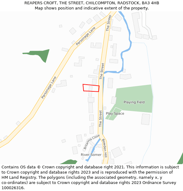 REAPERS CROFT, THE STREET, CHILCOMPTON, RADSTOCK, BA3 4HB: Location map and indicative extent of plot