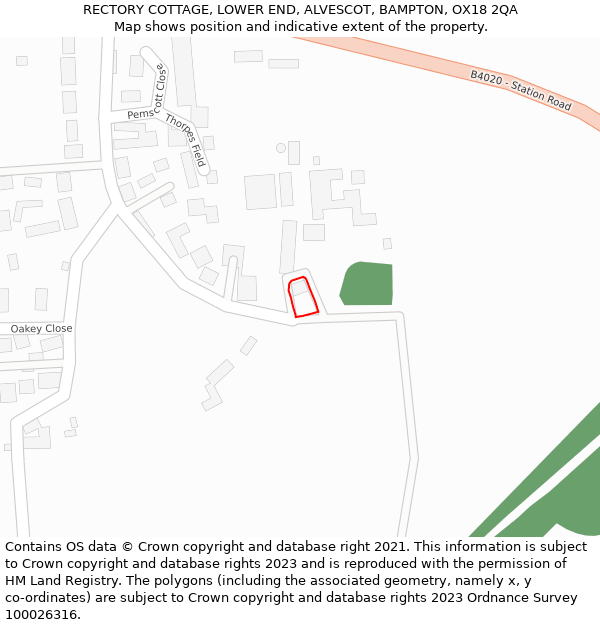 RECTORY COTTAGE, LOWER END, ALVESCOT, BAMPTON, OX18 2QA: Location map and indicative extent of plot