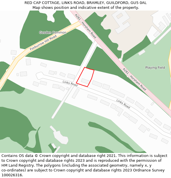 RED CAP COTTAGE, LINKS ROAD, BRAMLEY, GUILDFORD, GU5 0AL: Location map and indicative extent of plot