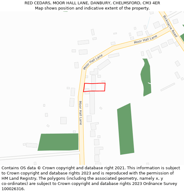 RED CEDARS, MOOR HALL LANE, DANBURY, CHELMSFORD, CM3 4ER: Location map and indicative extent of plot