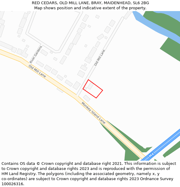 RED CEDARS, OLD MILL LANE, BRAY, MAIDENHEAD, SL6 2BG: Location map and indicative extent of plot