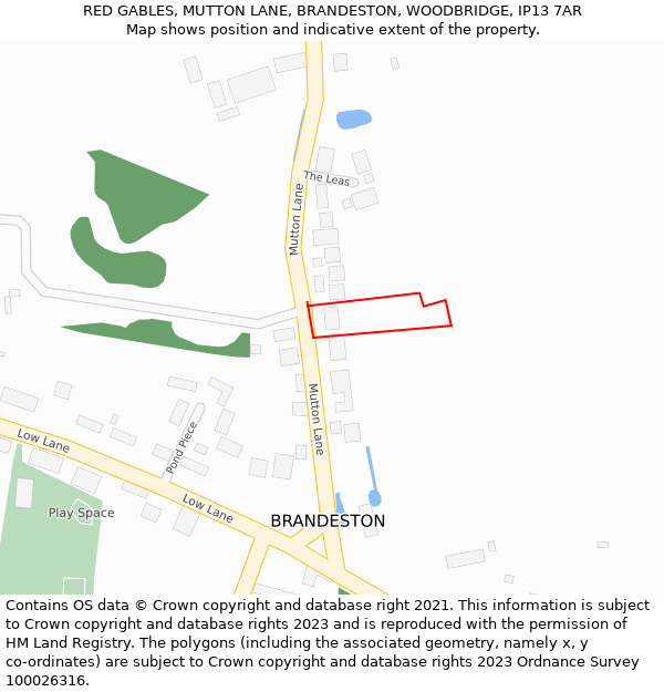 RED GABLES, MUTTON LANE, BRANDESTON, WOODBRIDGE, IP13 7AR: Location map and indicative extent of plot