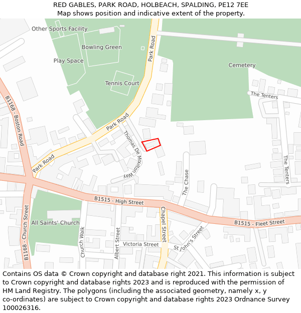 RED GABLES, PARK ROAD, HOLBEACH, SPALDING, PE12 7EE: Location map and indicative extent of plot