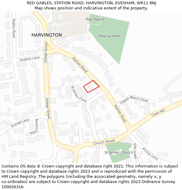 RED GABLES, STATION ROAD, HARVINGTON, EVESHAM, WR11 8NJ: Location map and indicative extent of plot