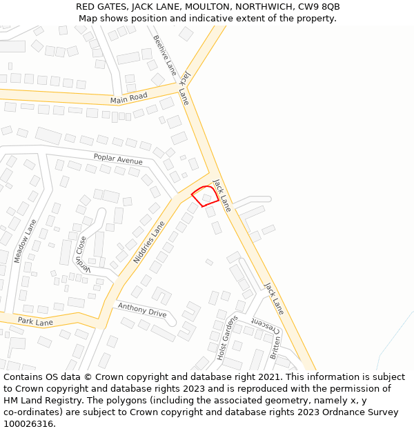 RED GATES, JACK LANE, MOULTON, NORTHWICH, CW9 8QB: Location map and indicative extent of plot