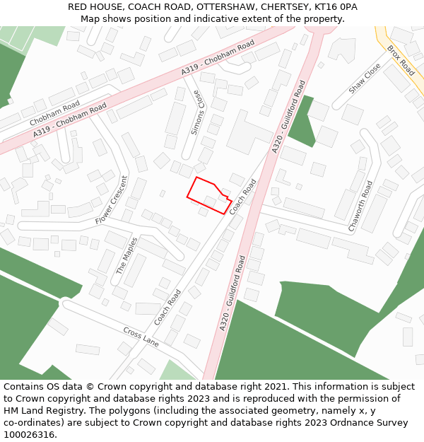 RED HOUSE, COACH ROAD, OTTERSHAW, CHERTSEY, KT16 0PA: Location map and indicative extent of plot