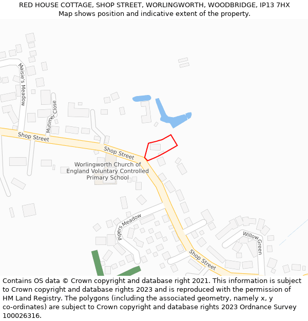RED HOUSE COTTAGE, SHOP STREET, WORLINGWORTH, WOODBRIDGE, IP13 7HX: Location map and indicative extent of plot