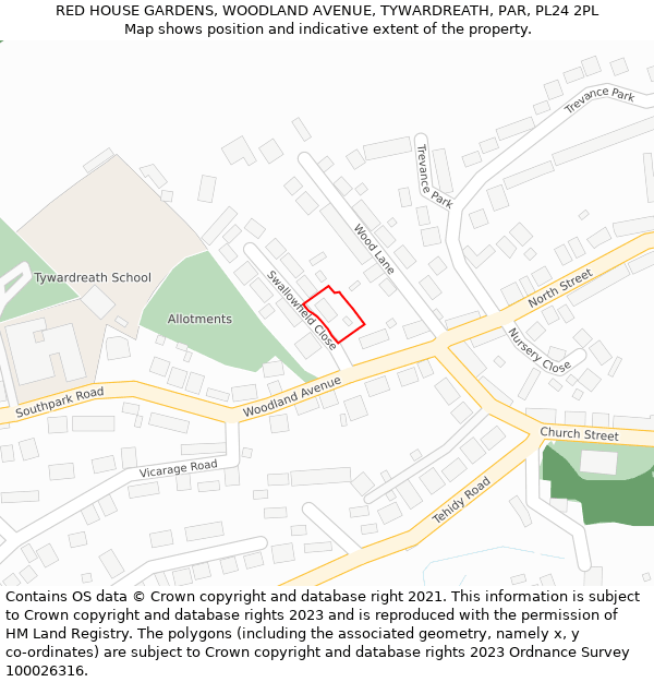 RED HOUSE GARDENS, WOODLAND AVENUE, TYWARDREATH, PAR, PL24 2PL: Location map and indicative extent of plot